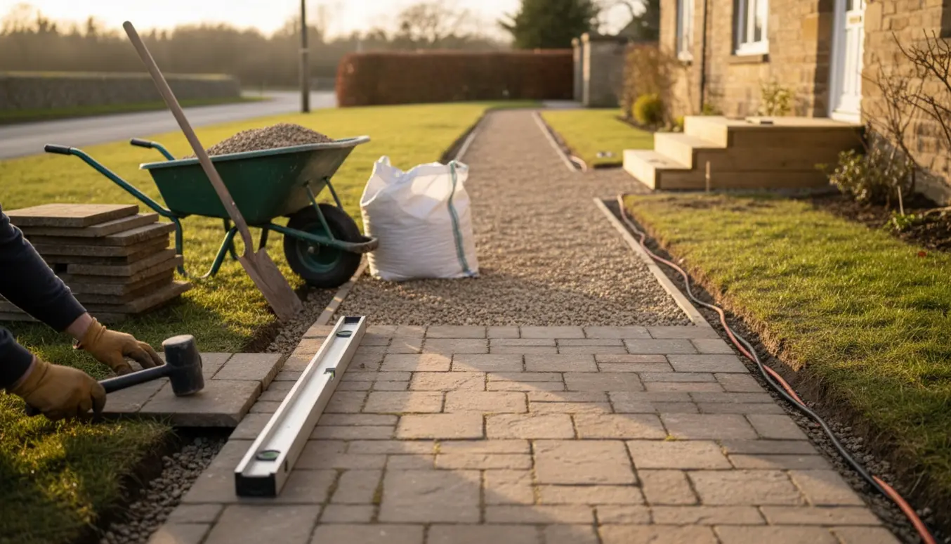 Omlægning af havesti med genbrugte belægningssten, grusbund, kabelgrav til lys og korte trin under opbygning.