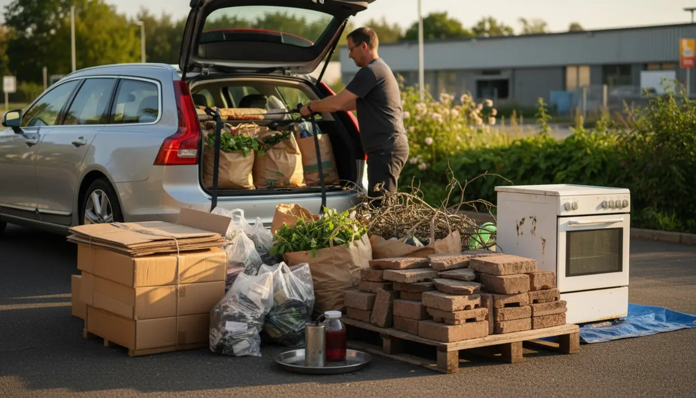 Sorterede papbundter, plastposer, fliser, haveaffald og en gammel ovn i carport ved en bil klar til aflevering på genbrugsstationen.