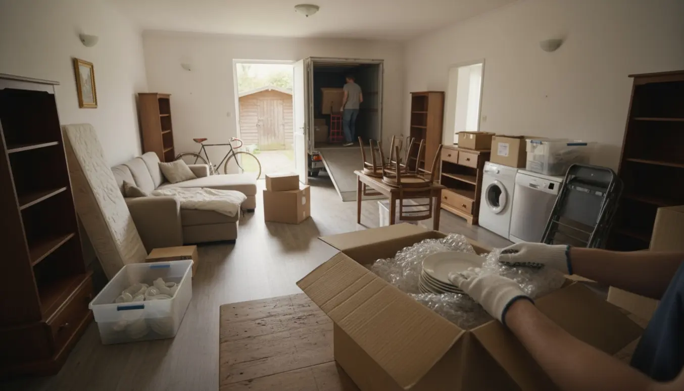 Indendørs rydning af dødsbo med møbler, stabler af kasser og handsker, der pakker skrøbeligt service.