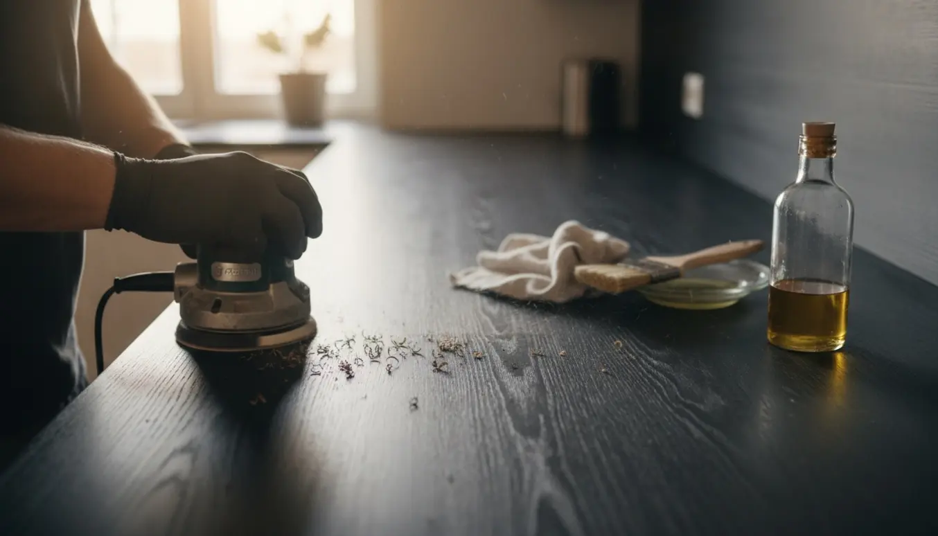 Nærbillede af hænder, der sliber og genolier et klistret sort træ-køkkenbord.
