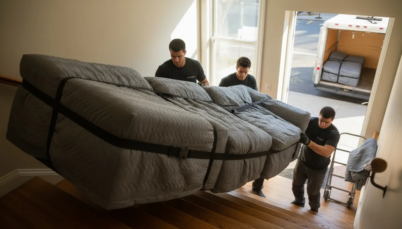 Tre indpakkede sofaafsnit bæres ned ad en oplyst trappe mod en åben flyttebil på gaden.