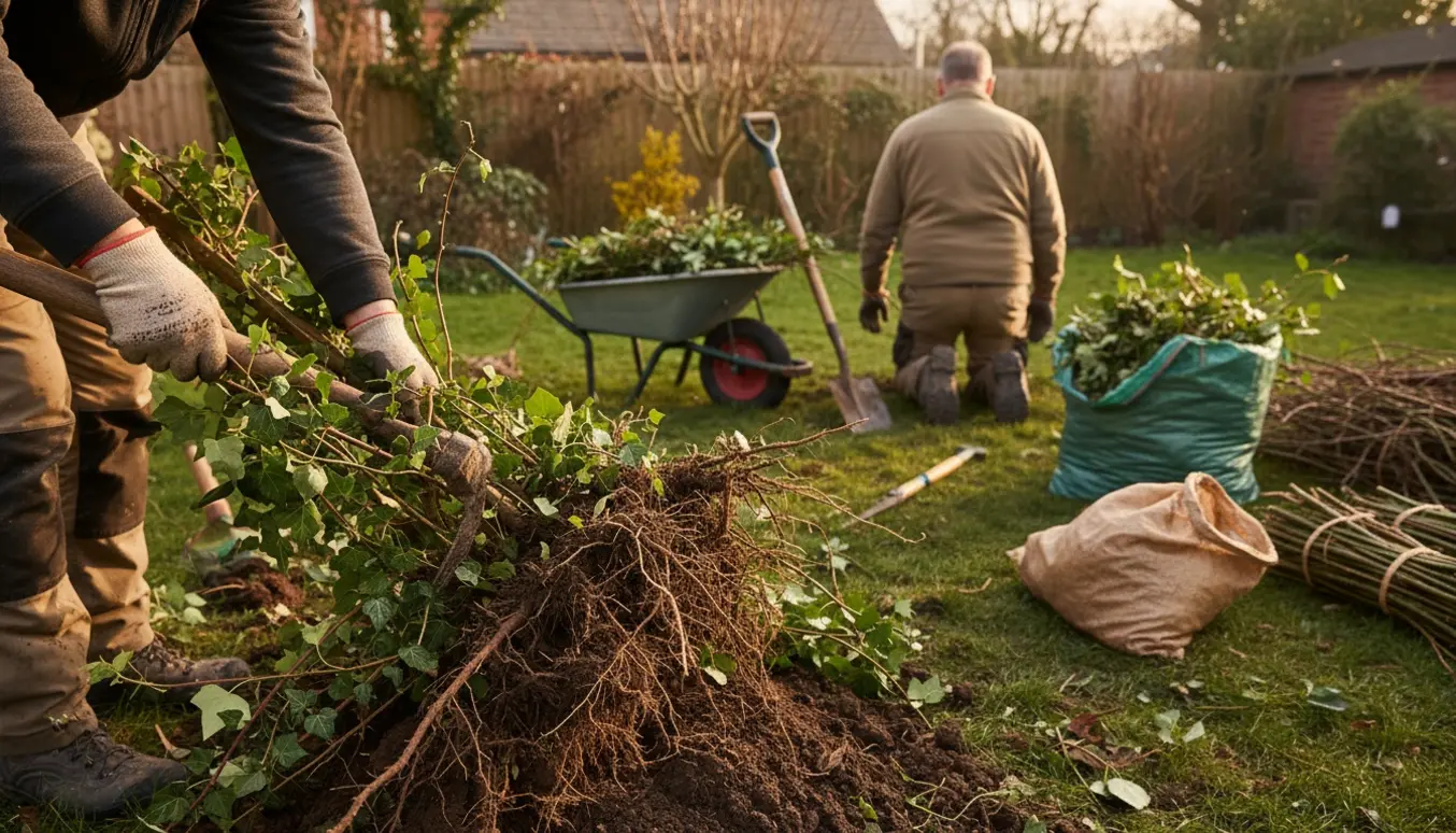 Fjernelse af en gigantisk brombærbusk med handsker, spade og trillebør i en baghave.