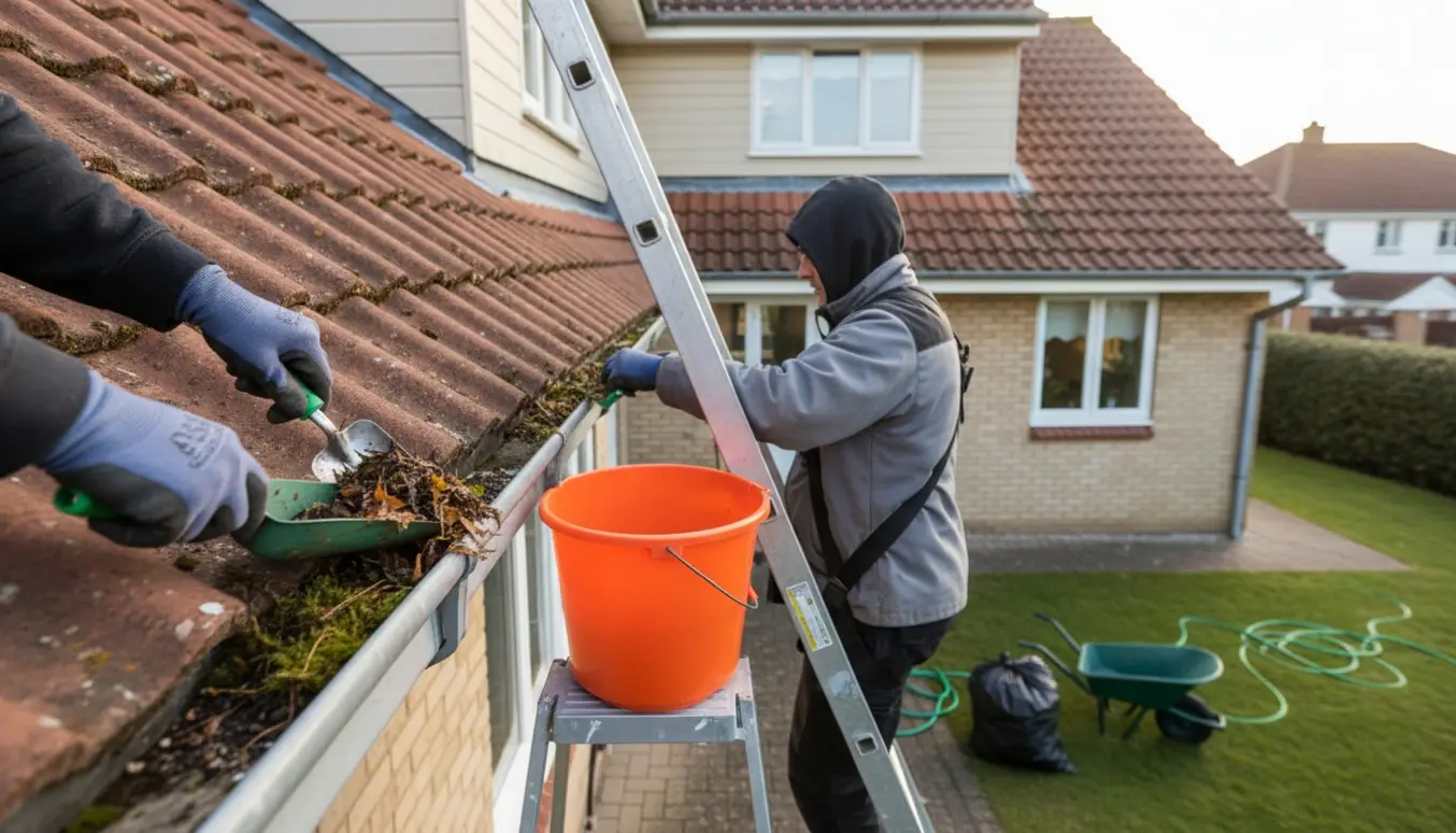 Arbejdshandsker og skovl fjerner mos og blade fra en tagrende ved en stige, med affaldsbøtte og sække klar ved et hus.