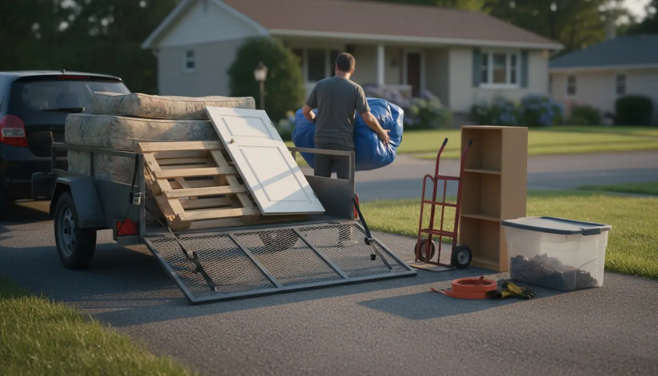 Åben anhænger på indkørsel med store møbler og affald klar til transport til genbrugspladsen.