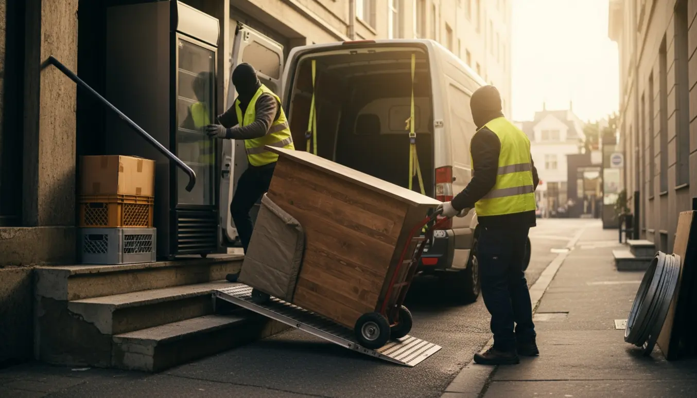To personer bærer en grill, et højt køleskab, en lang bardisk og kasser op ad en kældertrappe mod en åben varevogn med flyttetæpper og sækkevogn.