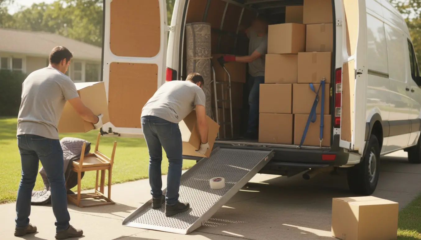 Hjælpere læsser kasser og tæpper ind i en åben flyttevogn på en solrig indkørsel.