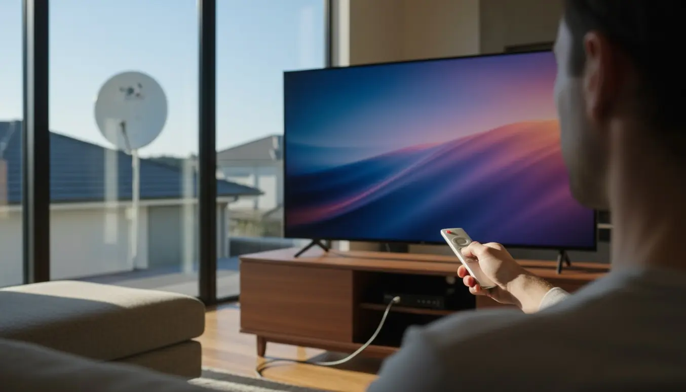 Hånd med fjernbetjening peger mod et moderne UHD-TV i en stue under kanalsøgning, med satellitmodtager på mediebordet.