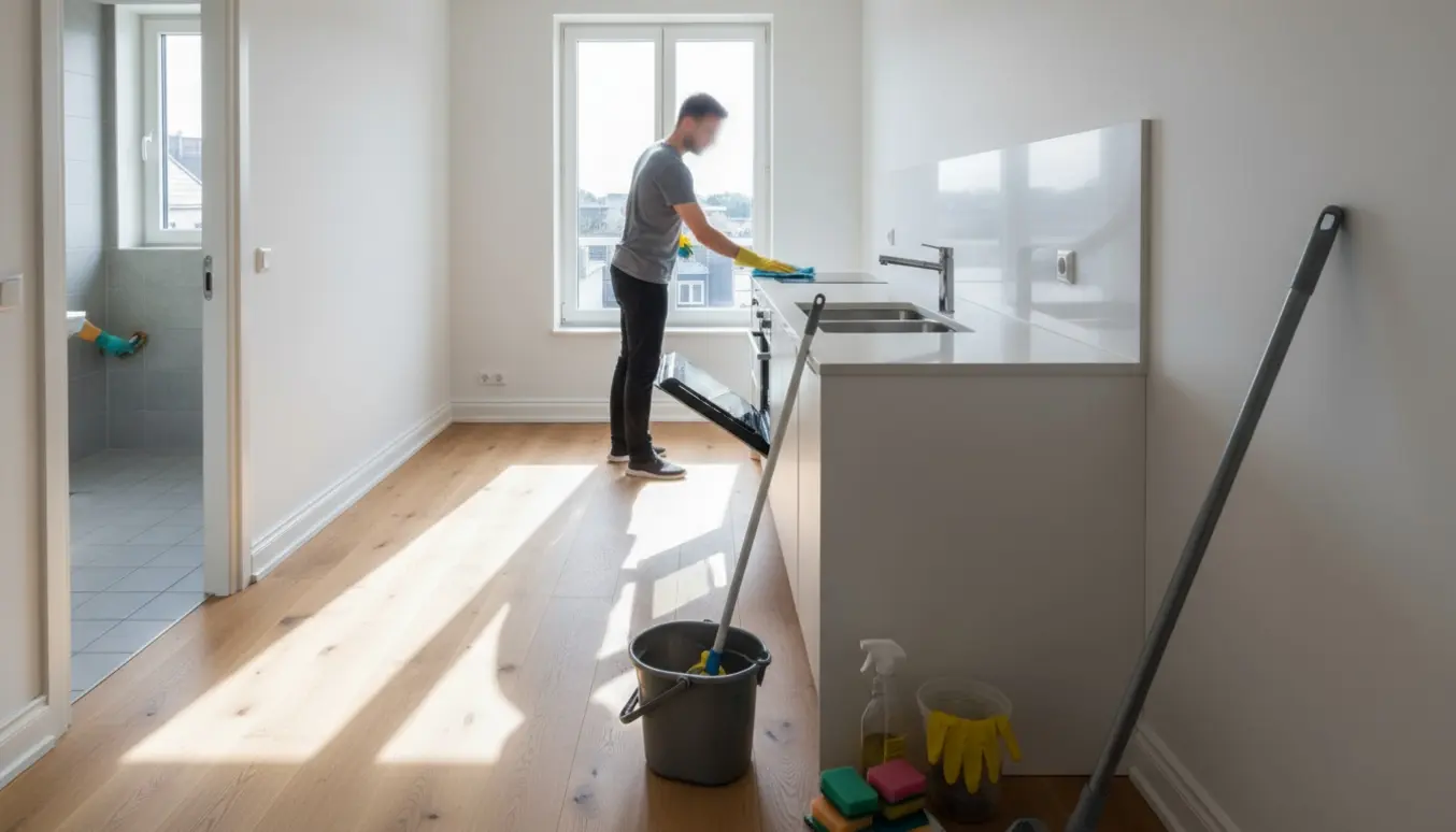 Rengøringsperson set bagfra tørrer køkkenbord af i en lys, tom lejlighed med rengøringsudstyr i forgrunden.