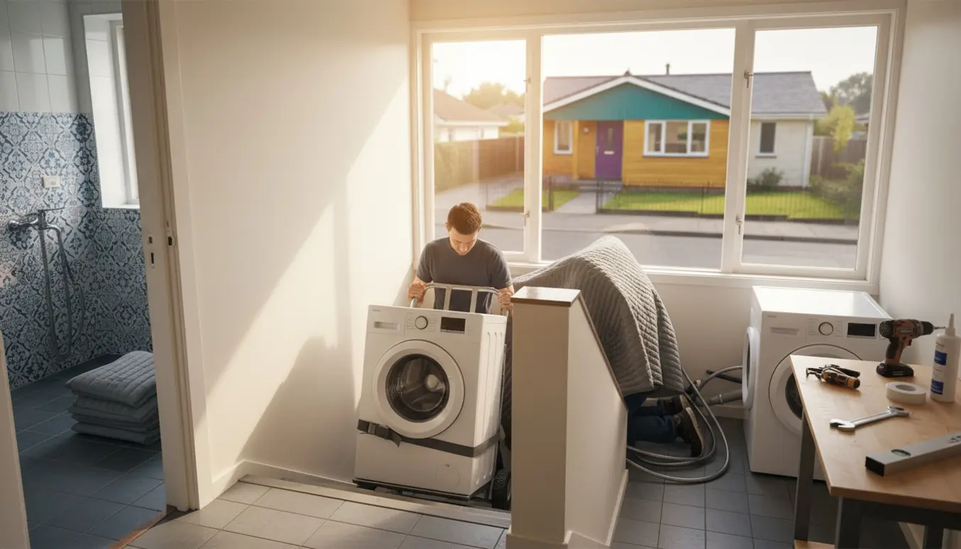 Flyttefolk bærer en vaskemaskine ned ad en lejlighedstrappe, mens en anden tilslutter vaskemaskine og tørretumbler i husets udbygning.
