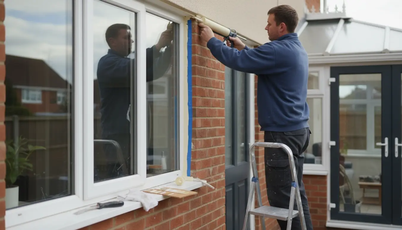 Udvendig fugearbejde ved vinduer, dør og udestue med en håndværker på trappestige og fokus på frisk fuge og værktøj.