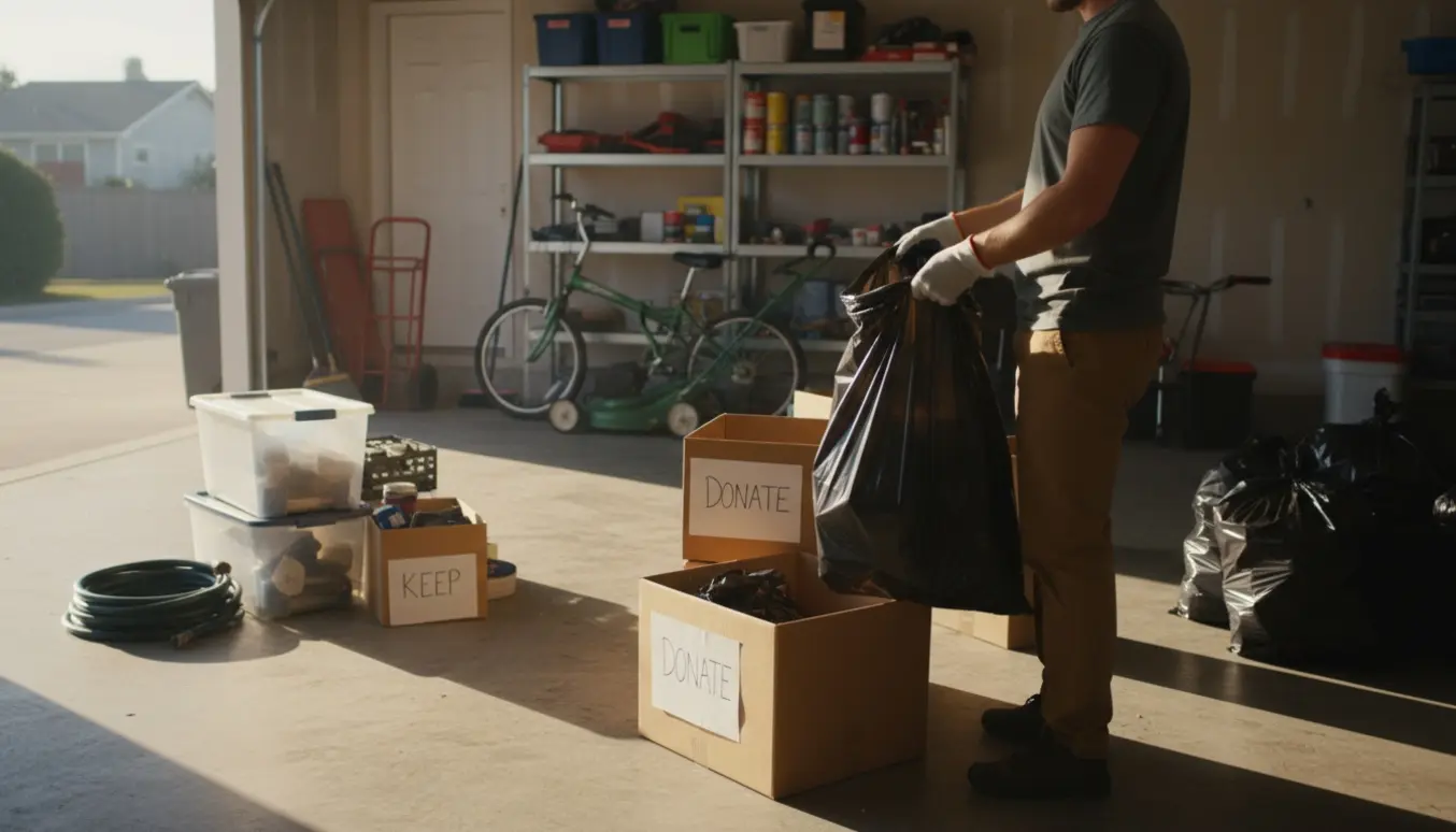 Handsker og hænder rydder en garage med fyldte sække, kasser og værktøj i naturligt sollys.