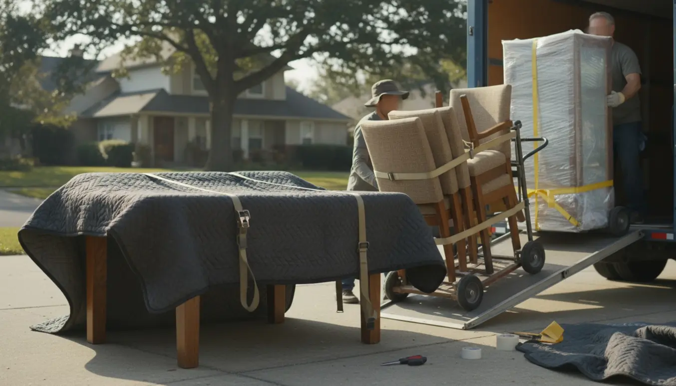 Et spisebord, otte stole og et vitrineskab læsses ind i en åben flyttebil om morgenen, pakket i tæpper og boblefolie.