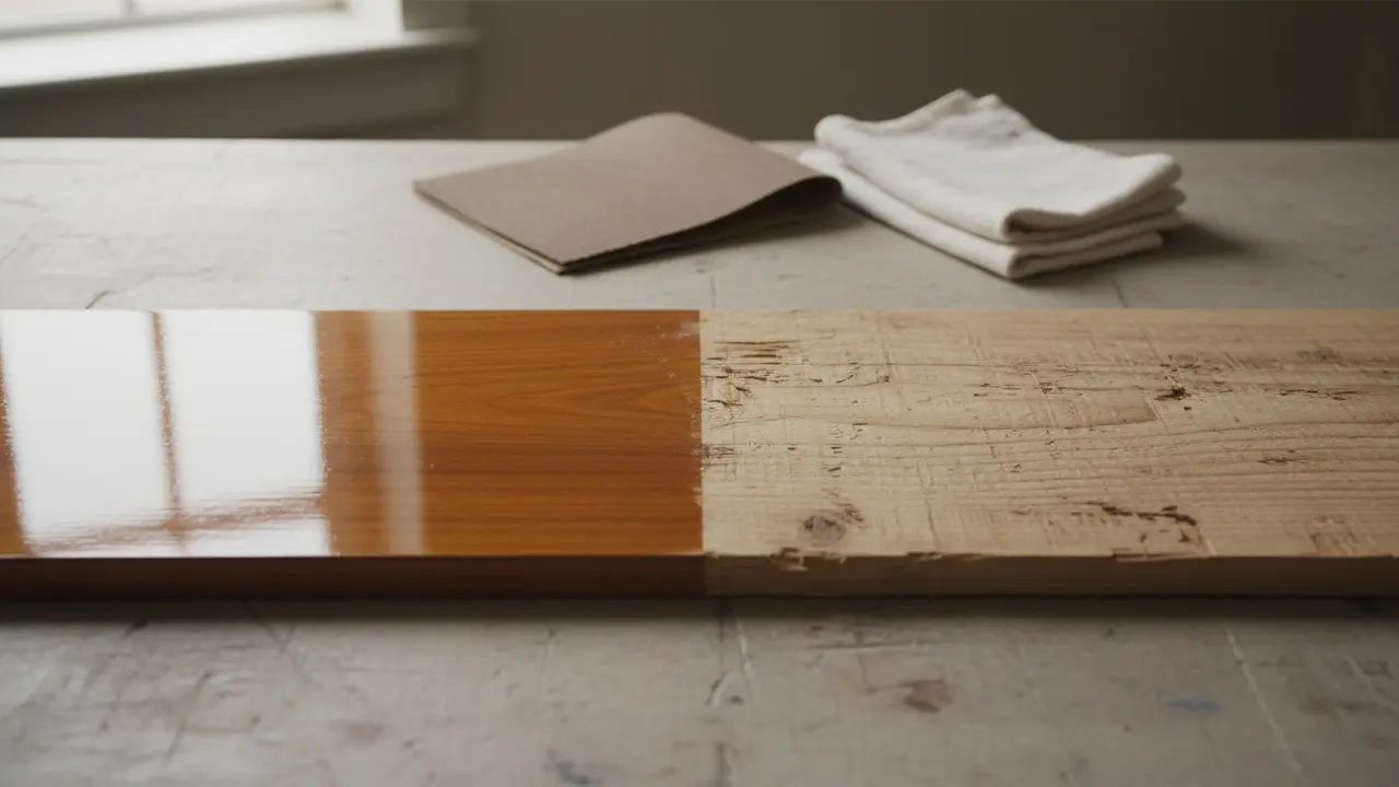 Før- og efterbillede af træplanke: lakeret til venstre og afrenset til højre.