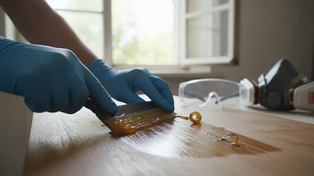 Nærbillede af handsker og plastikskraber, der fjerner opblødt lak fra træ.