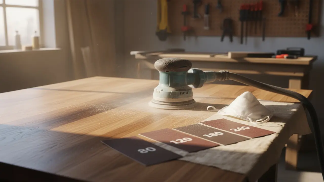 Excentersliber i brug på træ med sandpapir i forskellige kornstørrelser og støvudsugning.