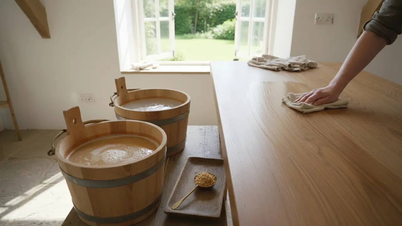 Opsætning til rengøring med brun sæbe: spande, måleske og aftørring langs træfibrene.