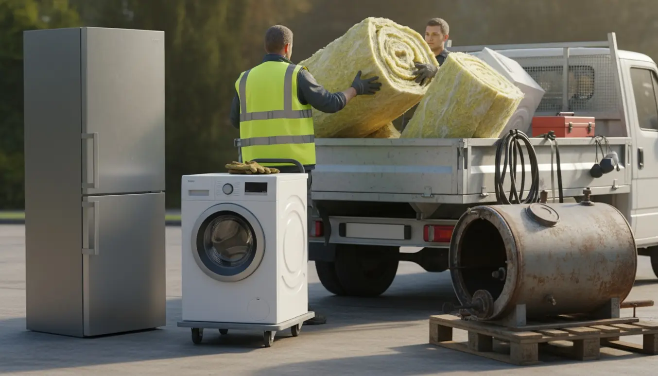 Lastning af isolering, hvidevarer og et gammelt oliefyr på en fladbed-trailer klar til bortskaffelse.