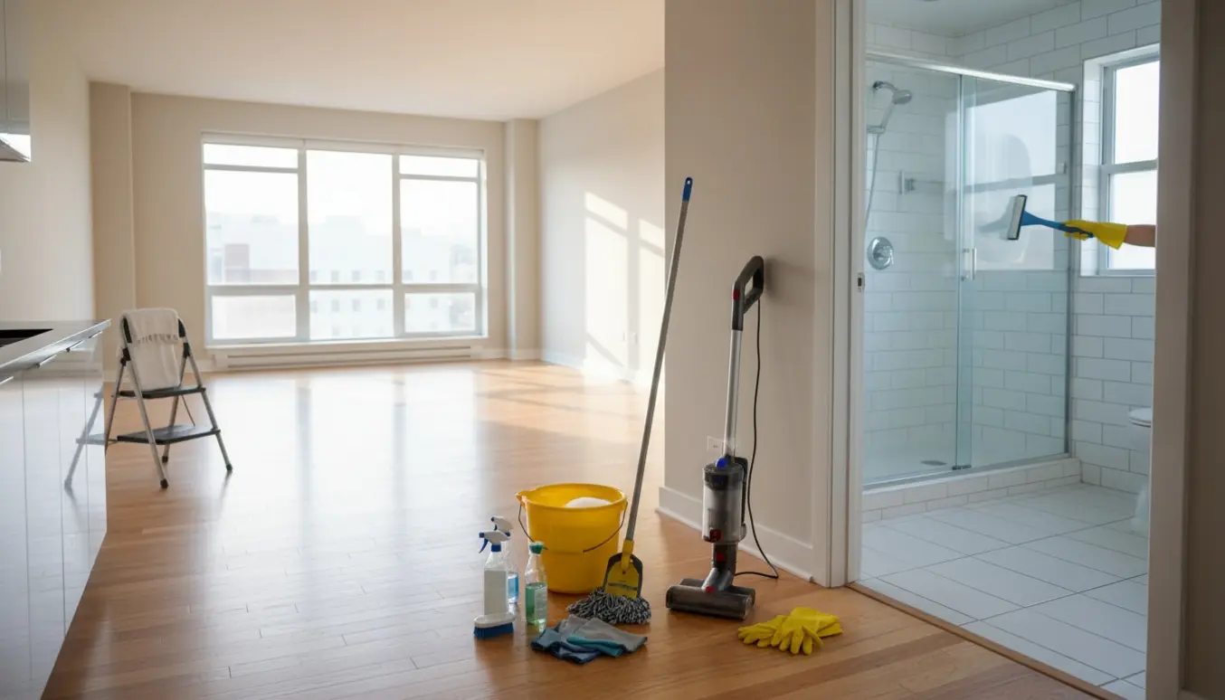Tom solbeskinnet lejlighed med rengøringsudstyr i forgrunden og en handske-klædt hånd, der pudser bruseglas.