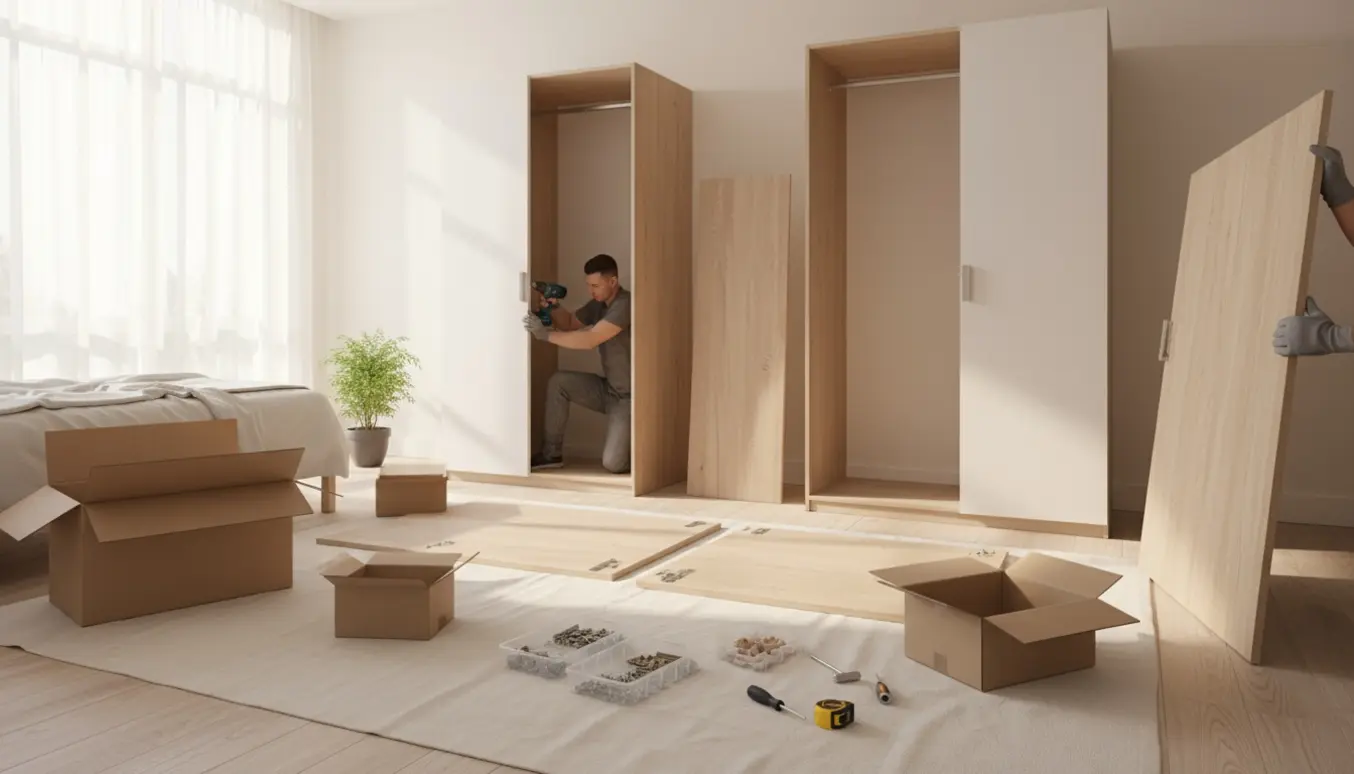 To garderobeskabe under samling i et lyst rum med værktøj og hænder i arbejde.