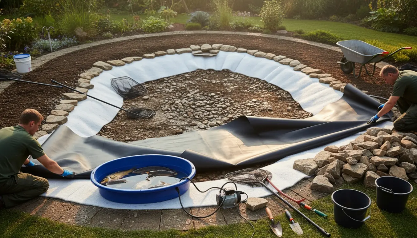 Tømmet havedam under renovering med udrullet EPDM-dug, fibertex underlag, stenkant og et midlertidigt kar med karper.