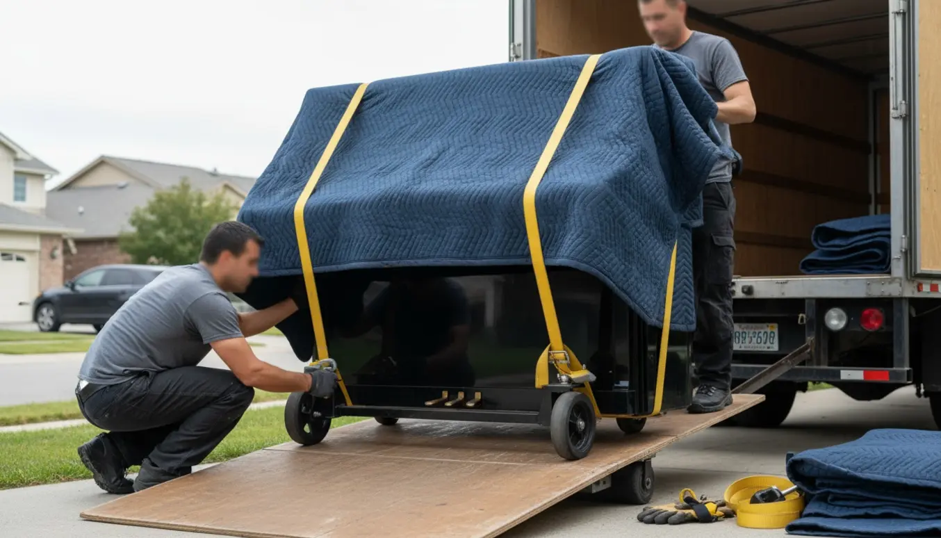 Et indpakket tungt klaver løftes op ad rampe og ind i en flyttebil af to flyttefolk med remme og rullevogn.