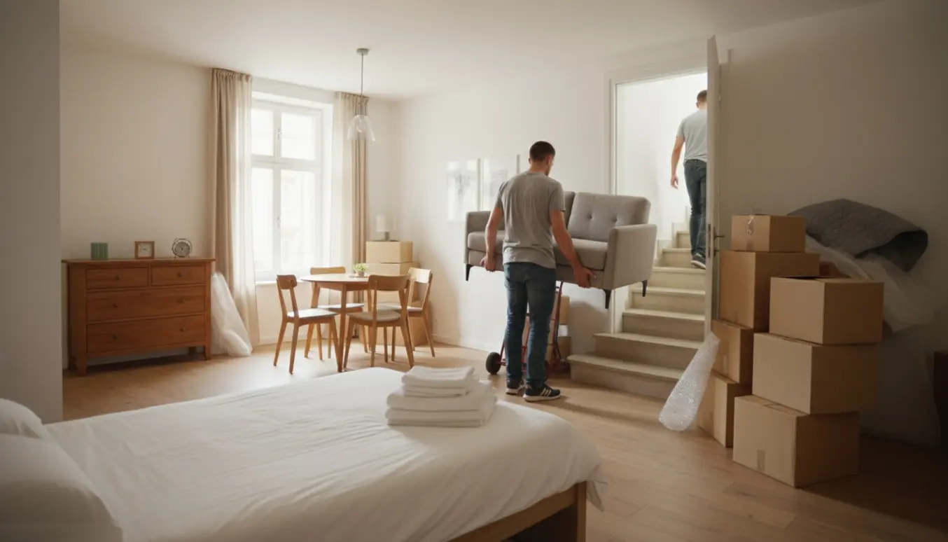 Flyttefolk bærer en lille sofa op ad trappen mens stabler af flyttekasser og møbler står klar i en lys lejlighed.