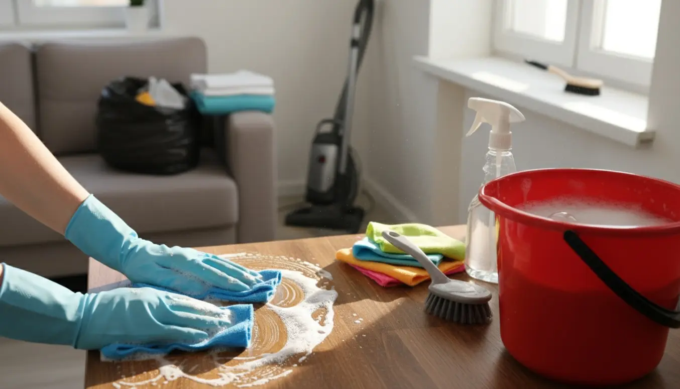 Hænder i handsker rengør en solbeskinnet lejlighed med spand, børste og støvsuger i baggrunden.