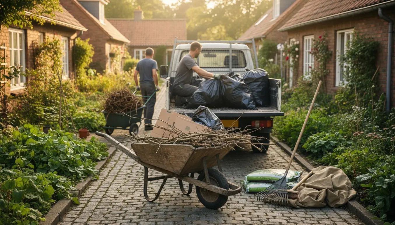 Personer læsser have- og husholdningsaffald på en åben ladbil i en grøn gartnerby.
