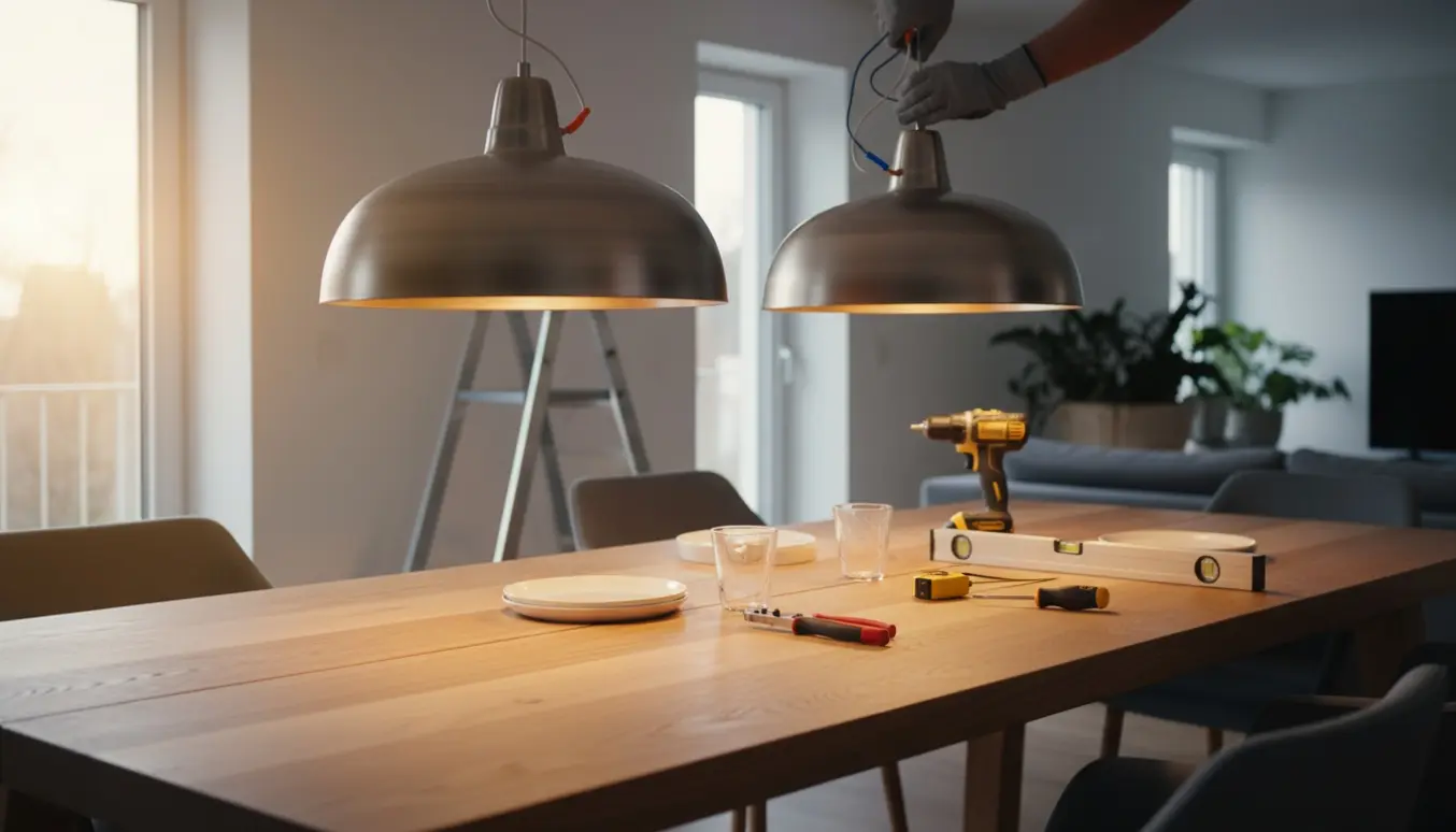 To pendellamper hænges op over et spisebord med hænder, værktøj og trinladder synlige.