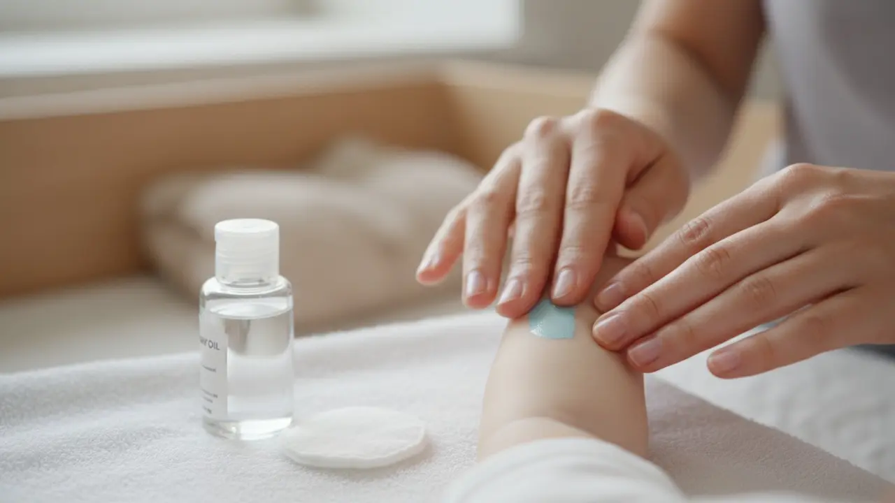 Nærbillede af hænder der masserer olie ind i en hårfarveplet på huden i cirkulære bevægelser