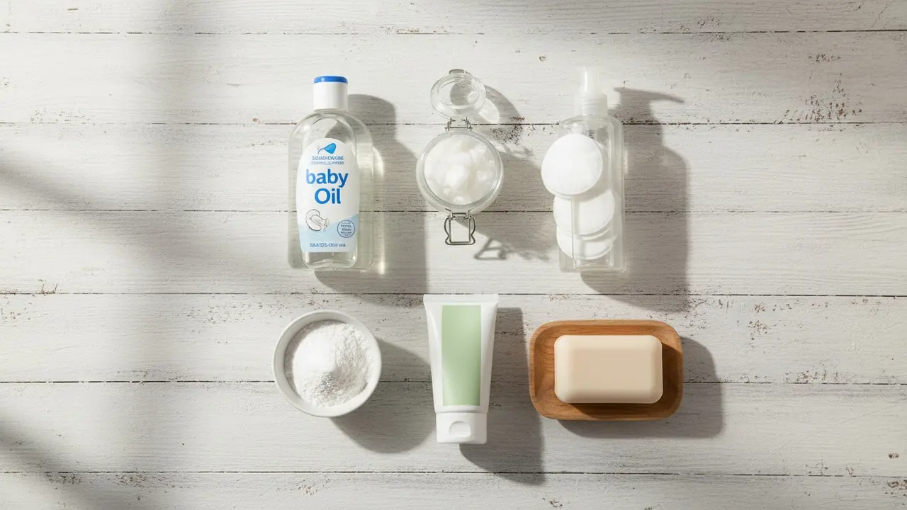 Oversigt over materialer: babyolie, kokosolie, makeupfjerner, bomuldspuder, bagepulver, sæbe og fugtighedscreme