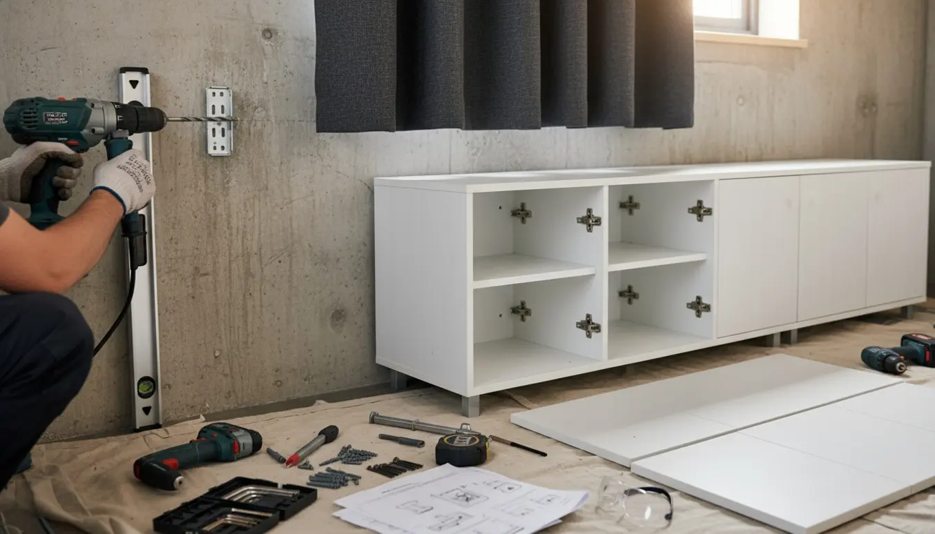 Hænder monterer flade møbeldele og opsætter et mørklægningsgardin på en betonvæg med værktøj i fokus.