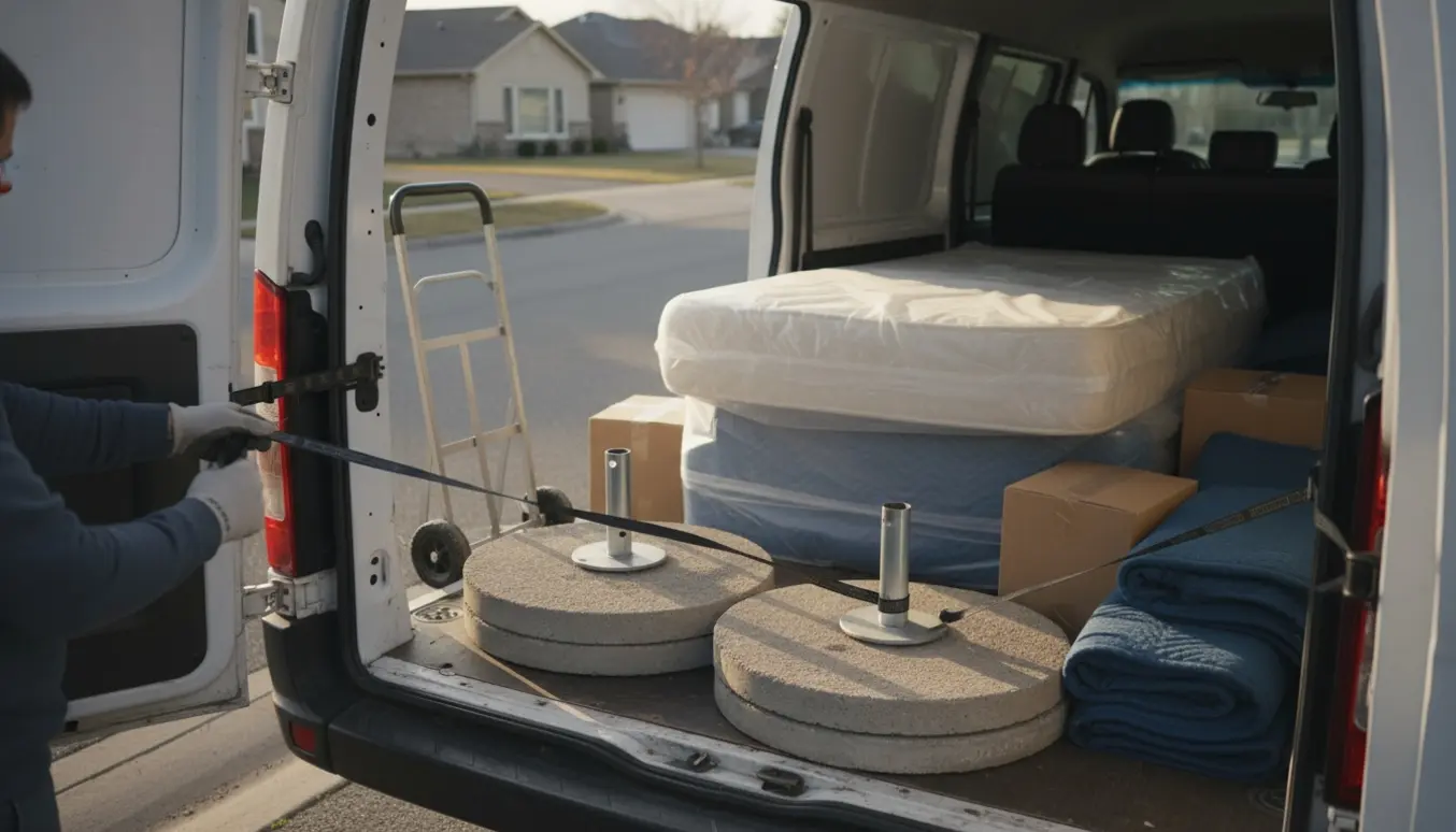 Lastning af to parasolfødder og en indpakket madras i en varebil på en stille villavej.