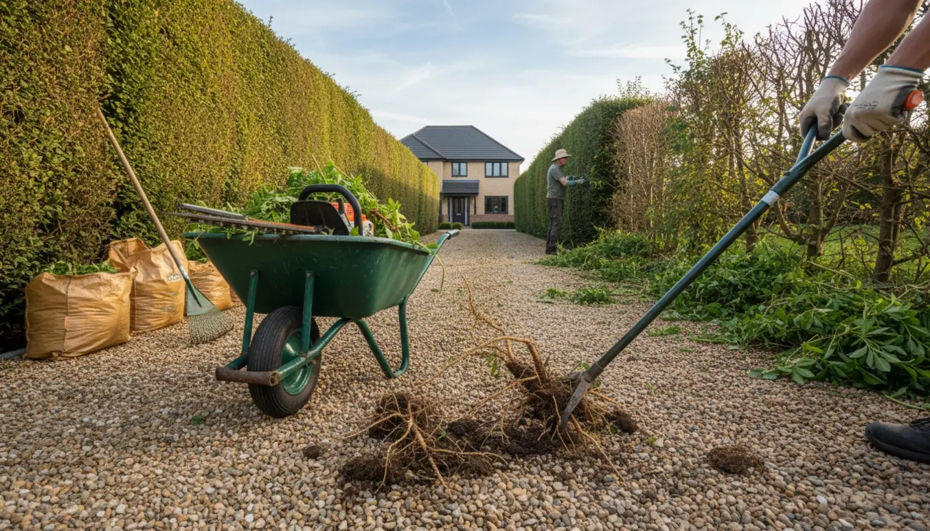 Ukrudtsfjerning i perlestensindkørsel med handsker, trillebør og nyligt klippet over 2 m hæk.