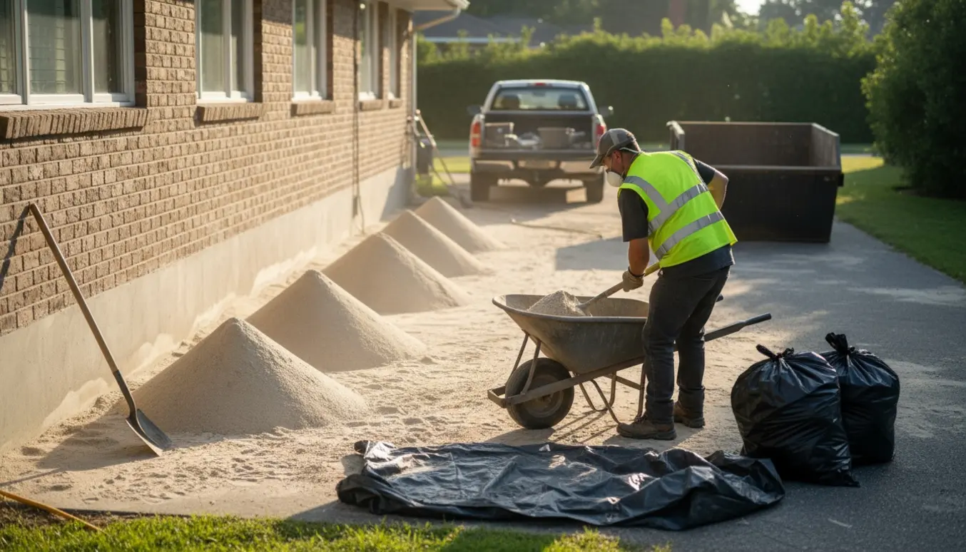 Bunker af sand ved et hus, en person set bagfra skovler sand i en trillebør klar til bortskaffelse.