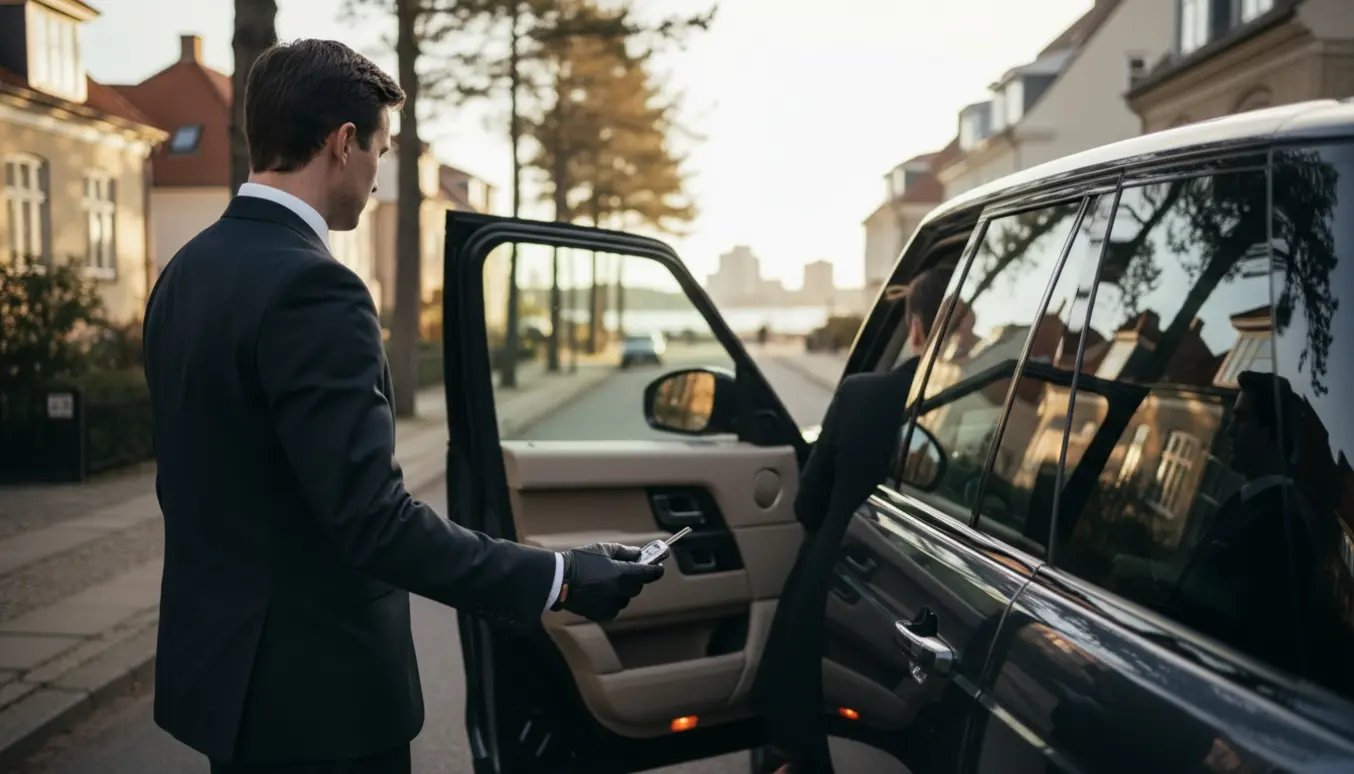 Privatchauffør i jakkesæt åbner døren til en luksus-SUV på en stille gade i Søllerød med København i baggrunden.