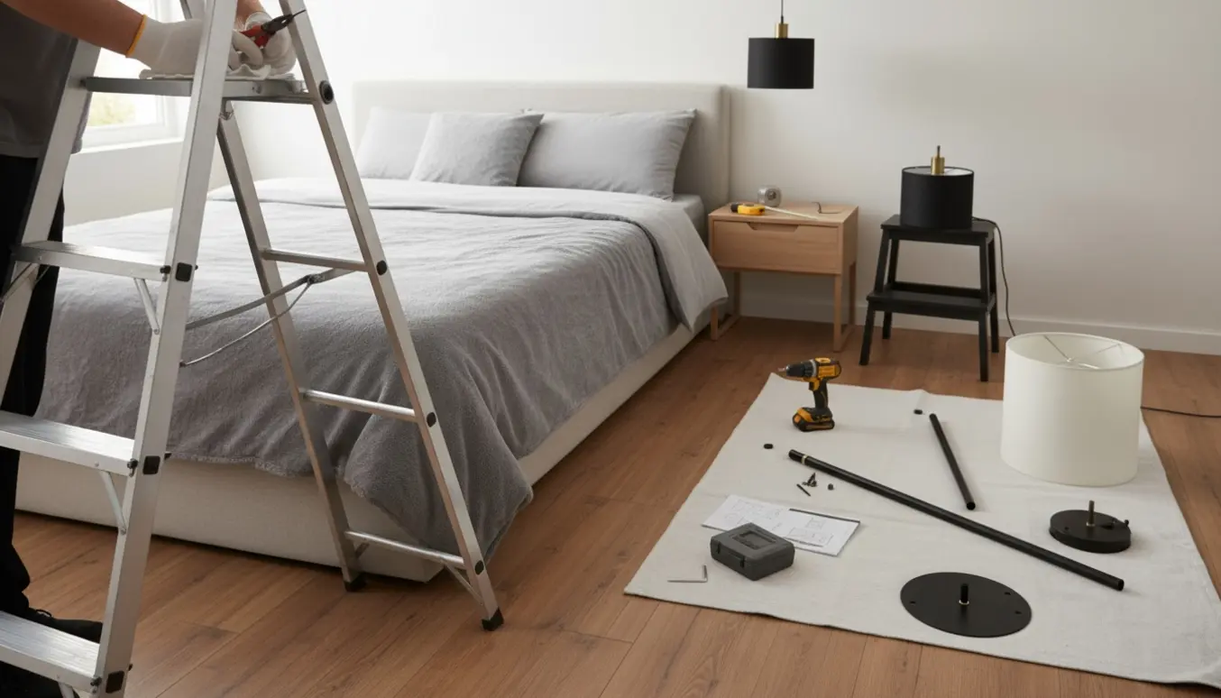 Håndværker på stige installerer en loftlampe over en seng, mens en gulvlampe ligger delvist samlet på gulvet.