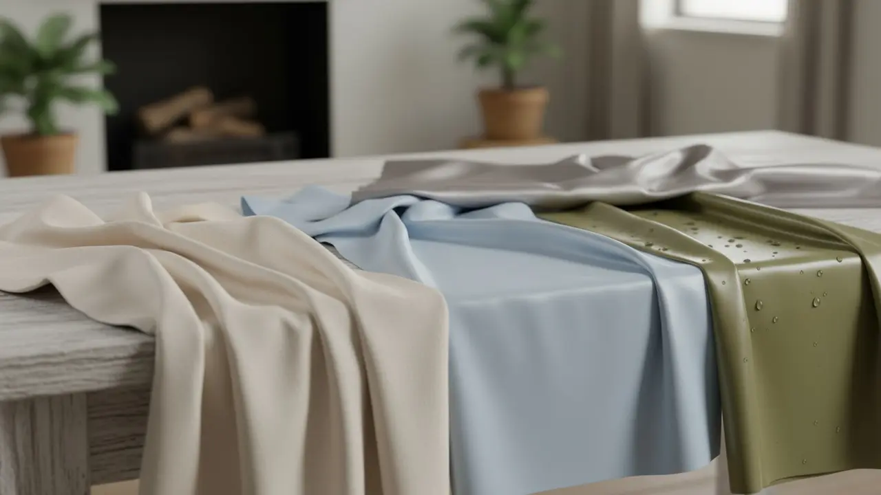 Fire duge på træbord: bomuld, polyester, voksdug og overfladebehandlet dug, med synlig teksturforskelle