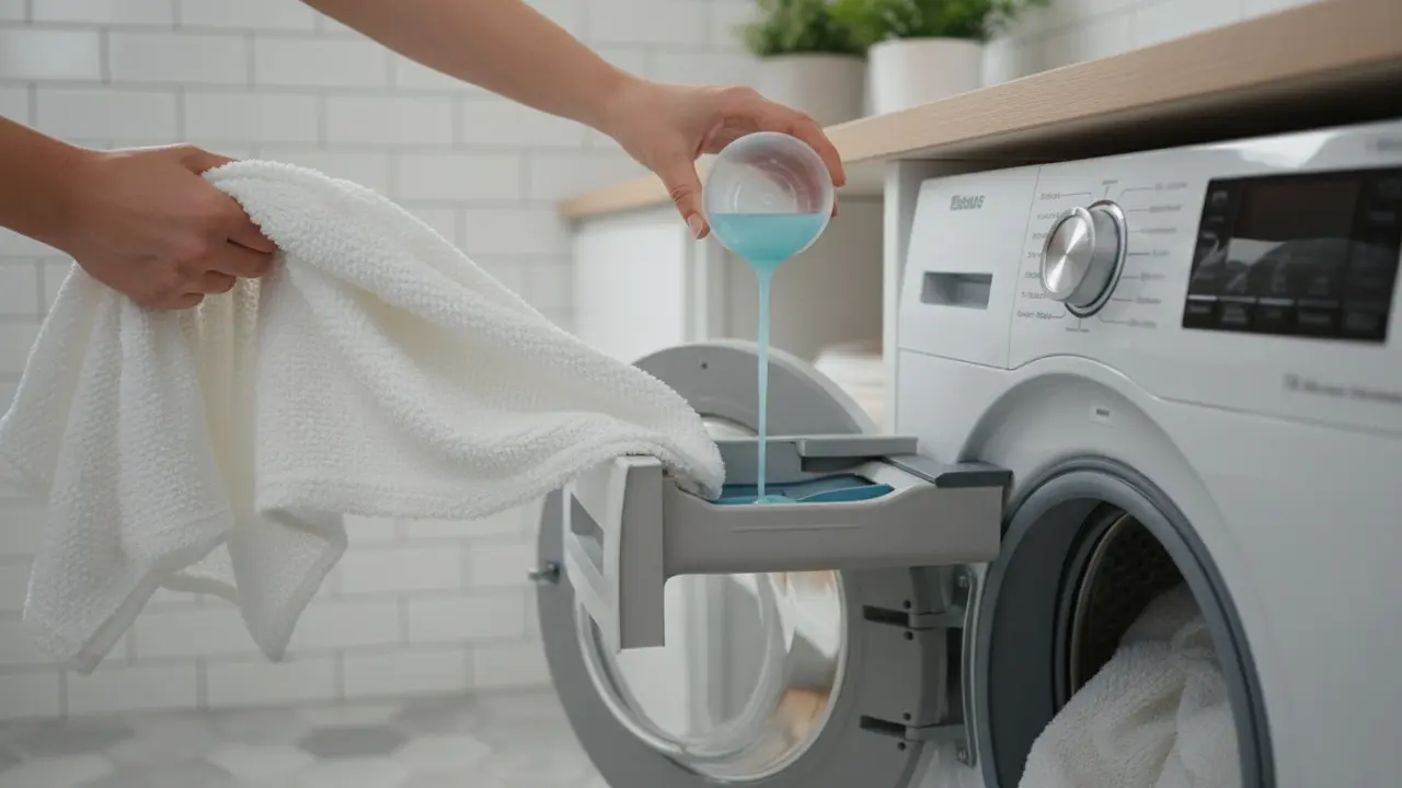 Hænder lægger en bomuldsdug i frontbetjent vaskemaskine og hælder mildt flydende vaskemiddel i