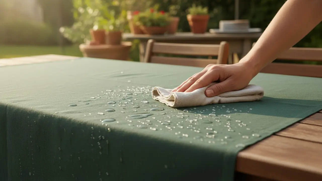 Hånd tørrer voksdug med fugtig klud, vand perler af på det voksede overflade