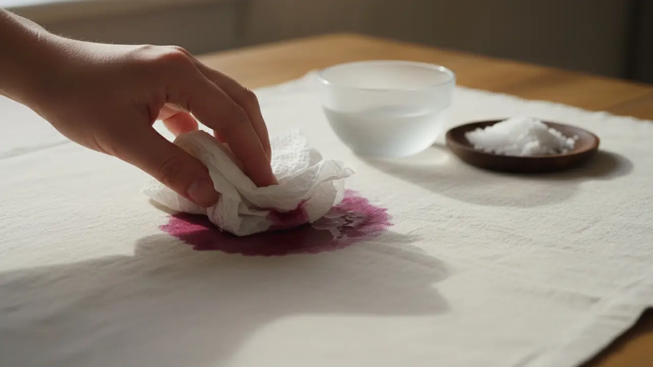 Hånd dupper rødvinsplet på dug med køkkenpapir, salt og skål med koldt vand i baggrunden