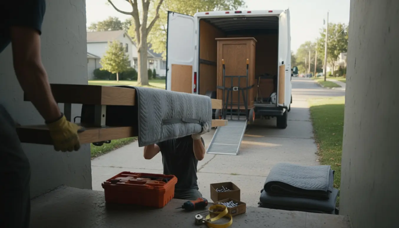 En adskilt høvlebænk og et skab bæres op ad en kældertrappe mod en ventende flyttevogn.