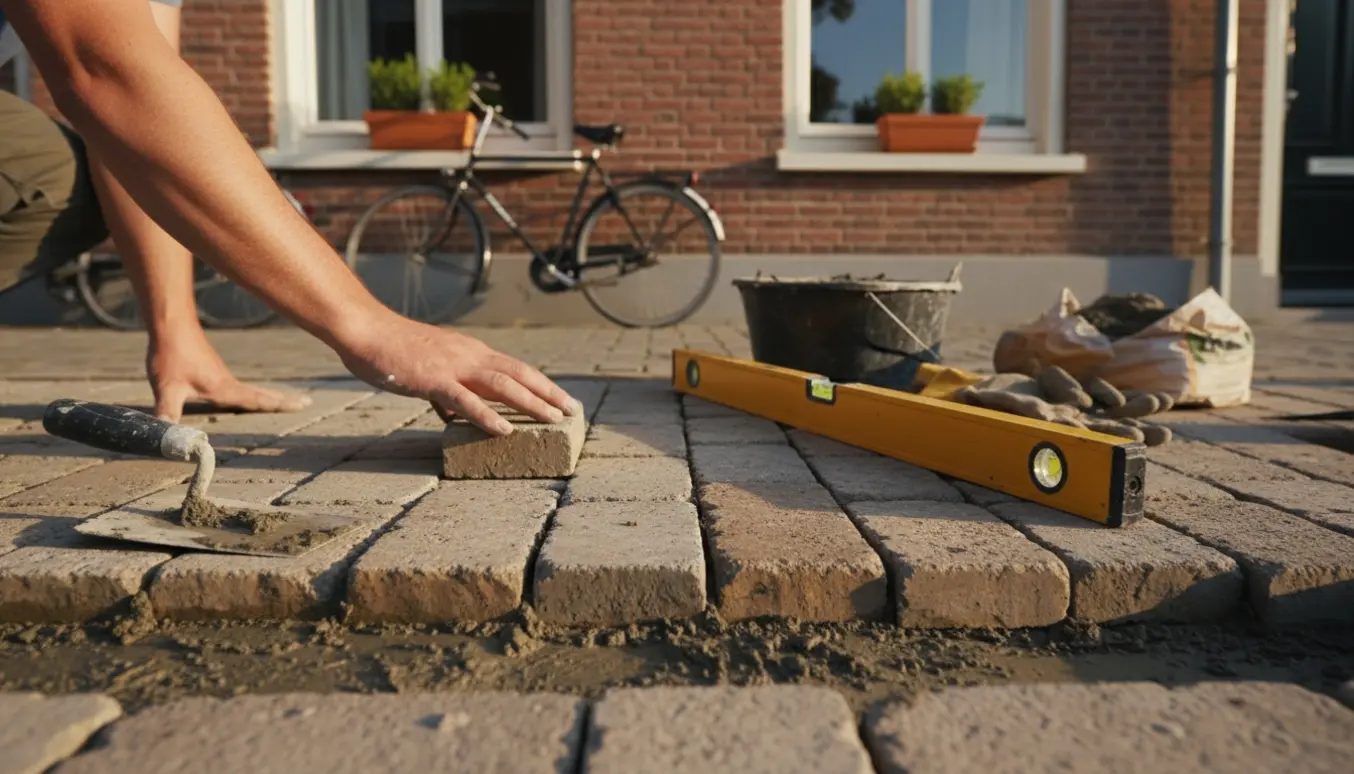 Nærbillede af hænder, der fæstner cirka 20 fliser i mørtel foran to vinduer, med værktøj og cykler i baggrunden.