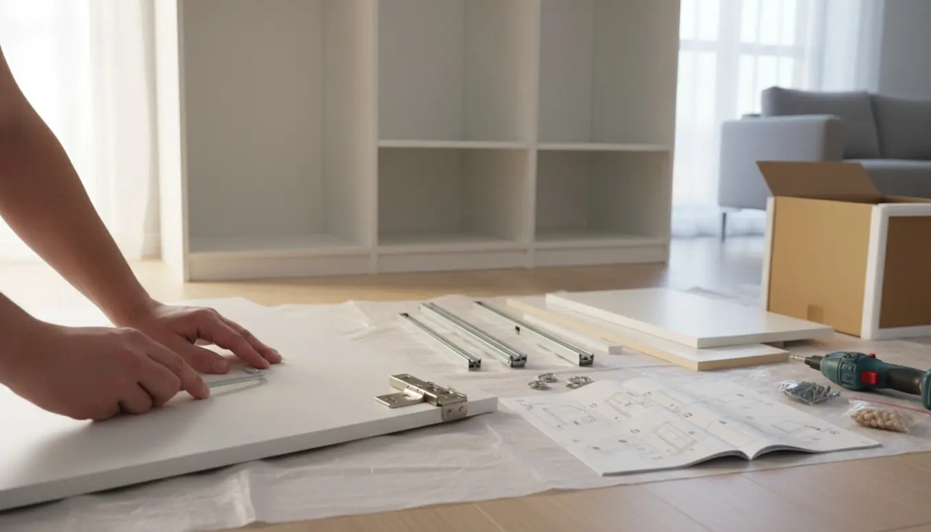 Delvist samlet PAX-garderobeskab i en lys stue, hænder monterer et hængsel med en unbrakonøgle.