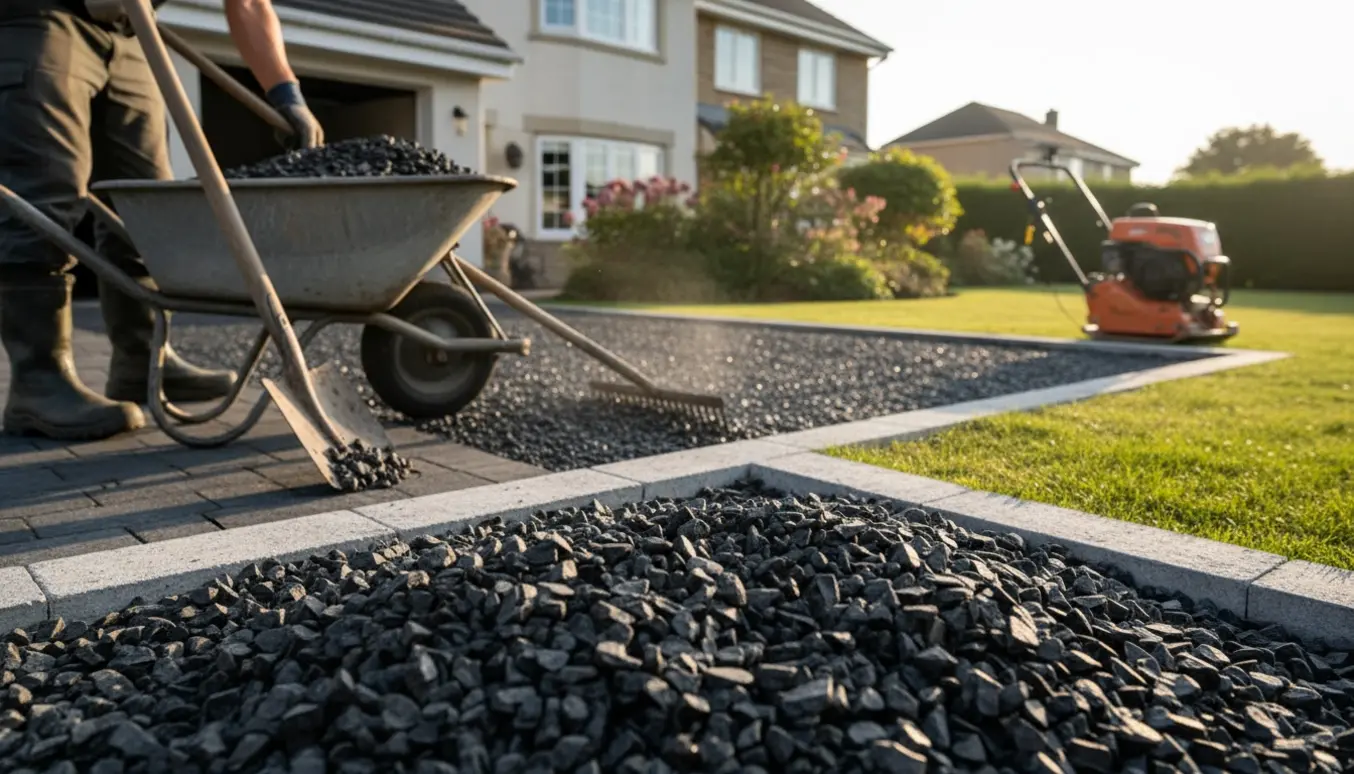 Udlægning af sorte granitskærver på en indkørsel med trillebør, skovl og rive i varmt eftermiddagslys.