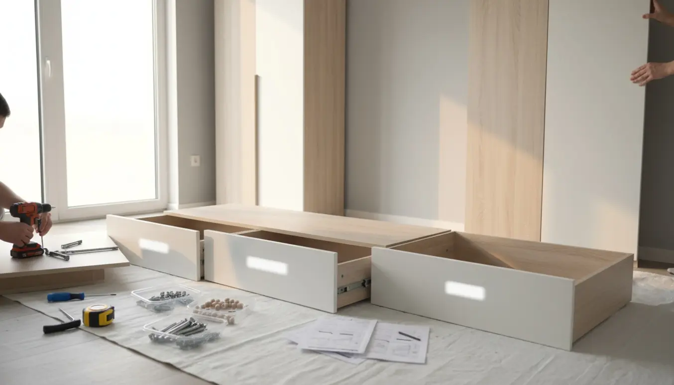 Fem IKEA-møbler under samling i et lyst værelse med værktøj og hænder, der monterer skuffer og garderobepaneler.