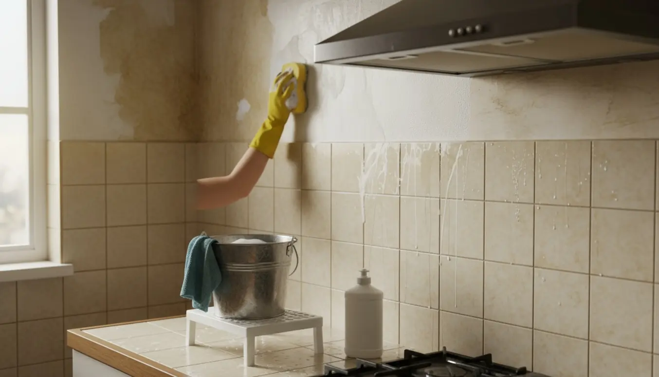 Hænder i gummihandsker vasker sod og fedt af køkkenvæg og loft med sæbesvamp og en spand.