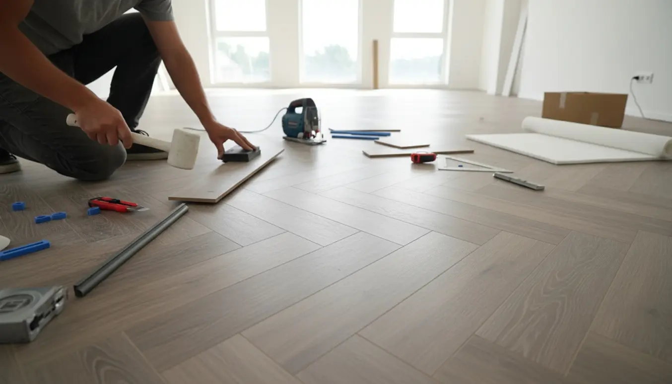 Nærbillede af installation af 5G klik sildebens vinylgulv i et lyst rum med værktøj og delvist lagt mønster.