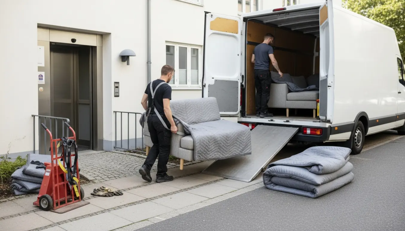 To flyttemænd læsser en adskilt sofa og chaiselong ved en varevogn foran en bolig, med elevator og åben kældertrappe synlige.