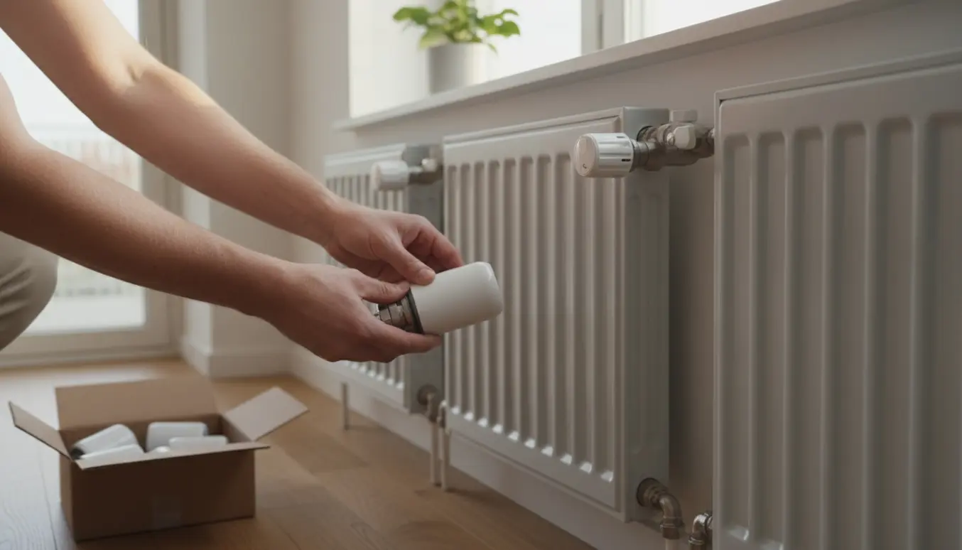 Hænder monterer en hvid termostat på en radiator i en lys lejlighed med fire radiatorer.